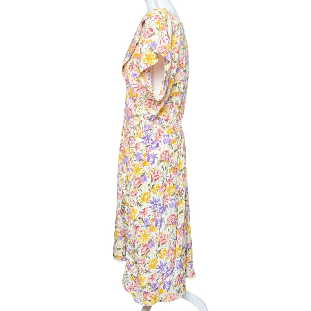 Vintage Floral Midi Dress Cottagecore Pastel Button Front Womens 14 - Picture 2 of 7